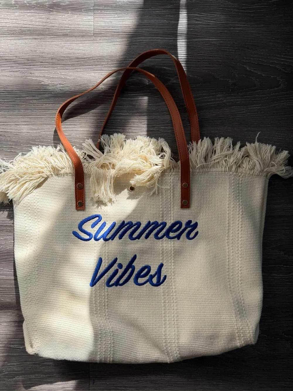 Summer Vibes Canvas Tote Bag with Leather Handles - Cream & Blue